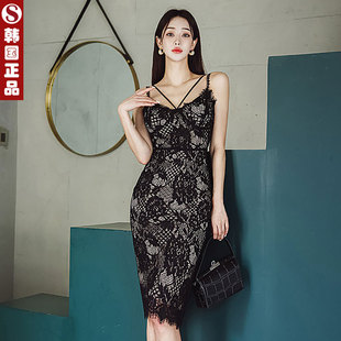韩国定制晚礼服女晚装修身性感低胸蕾丝吊带裙，高端连衣裙奢华大牌