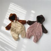 冬韩版婴幼儿双层加绒加厚羊羔，毛连帽卫衣连身衣，宝宝爬服哈衣