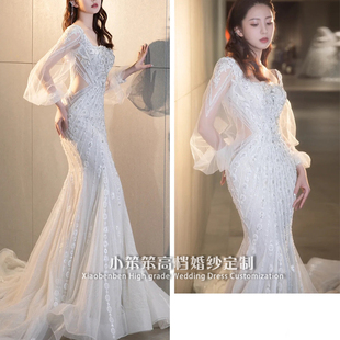 婚纱法式复古蕾丝，主纱修身2023长袖蕾丝高级定制气质鱼尾