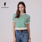 polowalk女士短袖针织衫，2024夏季清新绿色条纹，小个子气质上衣