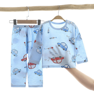 儿童家居服套装2024夏季男童女宝宝睡衣超薄款镂空透气长袖空调服
