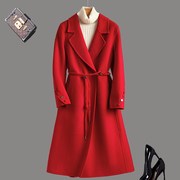 高端气质西装领中长款红色双面羊绒大衣百搭显瘦毛呢外套女回门服