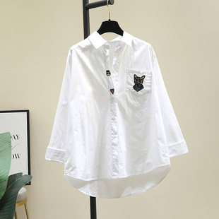 设计感刺绣白色衬衫女2024春季文艺范学院风宽松长袖衬衣上衣