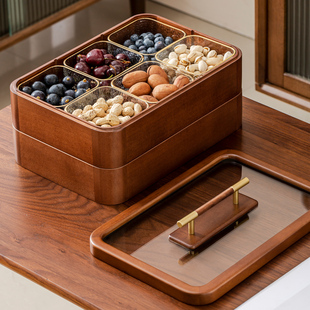 果盘新中式实木分格干果盒，坚果糖果收纳盒玻璃，水果盘客厅家用