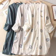 日系~ 棉麻复古重工刺绣宽松圆领单排扣长袖衬衫裙连衣裙外套