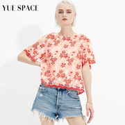 yuespace蕾丝衫印花镂空t恤夏季女套头短袖，上衣网纱洋气时尚小衫