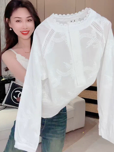 重工刺绣花卉蕾丝圆领长袖衬衫女2023早秋季时尚设计感白衬衣
