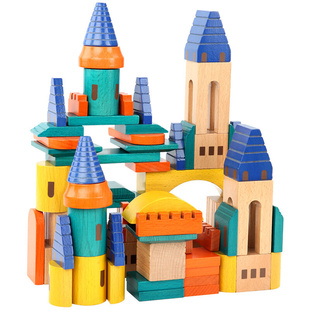 木制积木玩具1-3-6周岁宝宝 益智拼装榉木69粒大颗粒拼搭彩色城堡