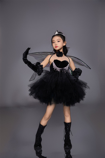 儿童舞蹈摄影仙女礼服蓬蓬裙演出服爱豆短款黑色精灵翅膀走秀潮服