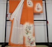 日本中古正绢真丝和服付下访问橘色渐变雪轮花可改旗袍连衣裙风衣