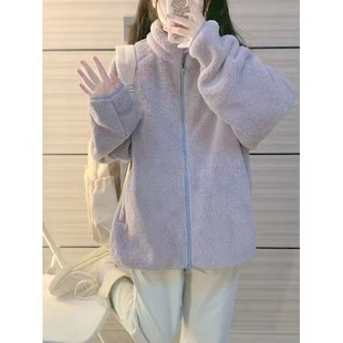 紫色羊羔毛立领(毛立领，)棉服外套女秋冬季加厚宽松毛绒，棉衣学生毛茸茸棉袄