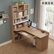 全实木转角书桌书架组合电脑桌书柜一体家用办公桌儿童学习写字桌