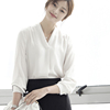 offiy-日本雪纺衫长袖，女新v领心机上衣，职业打底雪纺衬衫白色