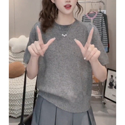 韩版减龄短袖灰色毛衣，马海毛打底针织衫女夏季宽松圆领上衣