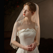 v752单层蕾丝新娘头纱白色精致超仙手工串珠结婚纱影楼造型发饰
