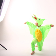 儿童卡通绿色巨嘴鸟表演服动物飞翼鸟，舞蹈演出服长款长款套装头饰