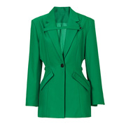 eam2024春季绿色腰部挖洞设计感西装外套女一粒扣中长款西服
