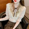 欧货重工钉珠娃娃领短袖衬衫女夏装2023年衬衣荷叶边雪纺上衣