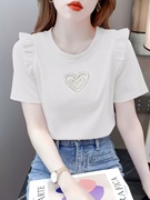 韩国纯棉短袖t恤女夏季2024修身荷叶边爱心，烫钻体恤白色短款上衣