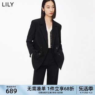 甄选LILY女装绵羊毛双排扣宽松黑色西装外套女