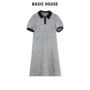 Basic House/百家好复古连衣裙女2024夏季短袖撞色Polo领长裙