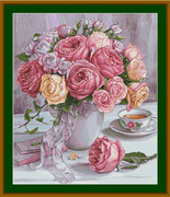 桌上的玫瑰花瓶 十字绣套件 植物花卉 客厅卧室挂画 精准印花