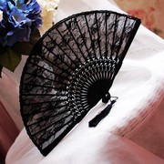 女士搭配旗袍舞蹈小折扇，黑色蕾丝古风，古典复古汉服折叠中国风扇子