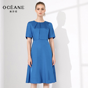 oceane奥莎尼夏季圆领蓝色，蕾丝拼接修身显瘦优雅气质连衣裙