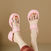 舒适时尚百搭夏季凉鞋外穿厚底高跟真皮凉拖米白色粉红色拖鞋 AA