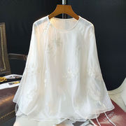 白色中式圆领绣花衬衫，女设计感2024春季时髦百搭休闲国风上衣