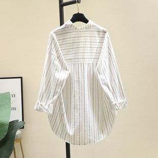 中长款棉麻条纹白衬衫，女外套2024年春季韩版宽松休闲衬衣上衣