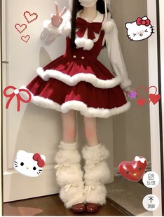 洛丽塔少女圣诞新年战袍可爱红色毛绒娃娃领衬衣丝绒背带蓬蓬裙子