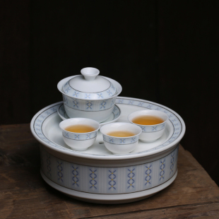 80年代老潮汕枫溪麦穗花工夫陶瓷茶具高温釉下彩复古套装茶盘盖碗