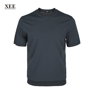 XEE商场同款男士灰色弹力顺滑圆领伊力特纱线针织短袖罗纹收口T恤