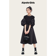 艾帕拉黑色拼接连衣裙女2023年夏季设计感灯笼袖高腰a字长裙