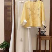 新中式国风禅意刺绣黄色外套白色连衣裙两件套装女早秋装