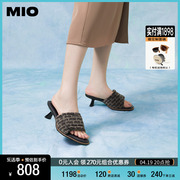 MIO米奥夏季欧美风粗中跟显高拖鞋复古摩登魔术贴一字拖女高跟鞋