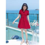 2024夏季女装裙子茶歇法式显瘦温柔风酒红色小个子连衣裙女夏