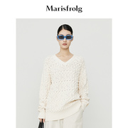 商场同款玛丝菲尔针织衫，秋季米白色圆领，时尚镂空针织毛衣