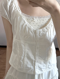 Brandy Girl bm甜辣上衣夏季设计感白色泡泡袖短袖衬衫显瘦女夏