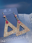 进口尼泊尔纯银鎏金仿古掐丝花边红宝石耳环复古三角形耳环