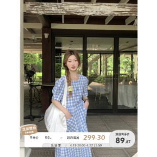 芝士兔 格子连衣裙女夏季日系设计感泡泡袖A字裙高级感显瘦长裙子