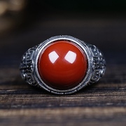 天然南红玛瑙满肉红宝石男士银戒指复古做旧男女开口指环时尚礼物