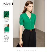 amii2024夏装针织短袖，女设计感小众两穿v领上衣纯棉垫肩开衫