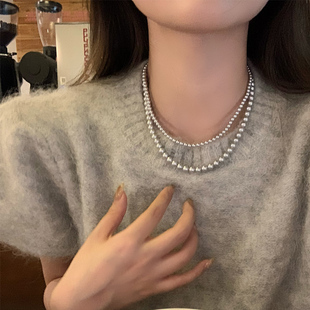 法式复古灰珍珠项链女2023高级感气质百搭毛衣链轻奢小众颈链