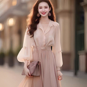 春夏粉色雪纺连衣裙气质名媛，高端女神范高级(范，高级)感今年流行两件套装裙