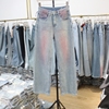 艾拿n85117浅蓝色染粉红，宽松直筒阔腿牛仔裤2024年春季女长裤