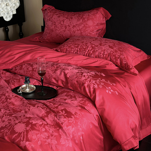 玫瑰茶园天丝棉四件套精美提花双人红色被套四季被罩床单床上用品