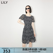 LILY夏女装时尚浪漫印花泡泡袖优雅短款高腰连衣裙女