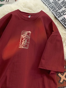 新中式酒红色t恤男短袖龙纹印花夏季重磅上衣潮牌国风宽松五分袖